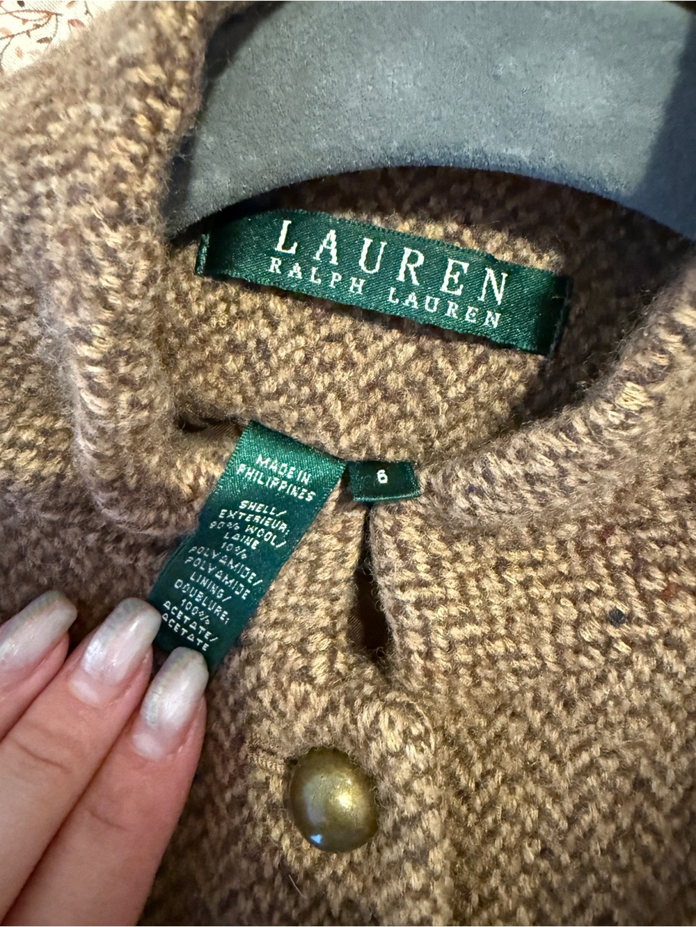 Ralph Lauren Brown Herringbone Buttoned Stand-Collar Blazer - Picture 3 of 3
